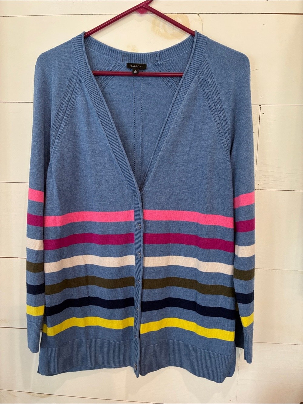 Talbots Light Blue Button-Front Cardigan with Multicolor Stripes Size Medium